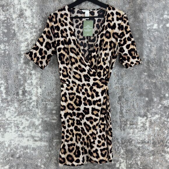 NEW H&M Sz M Leopard Print Mini A-Line Wrap Dress V-Neck Cheetah/Animal - Picture 1 of 9